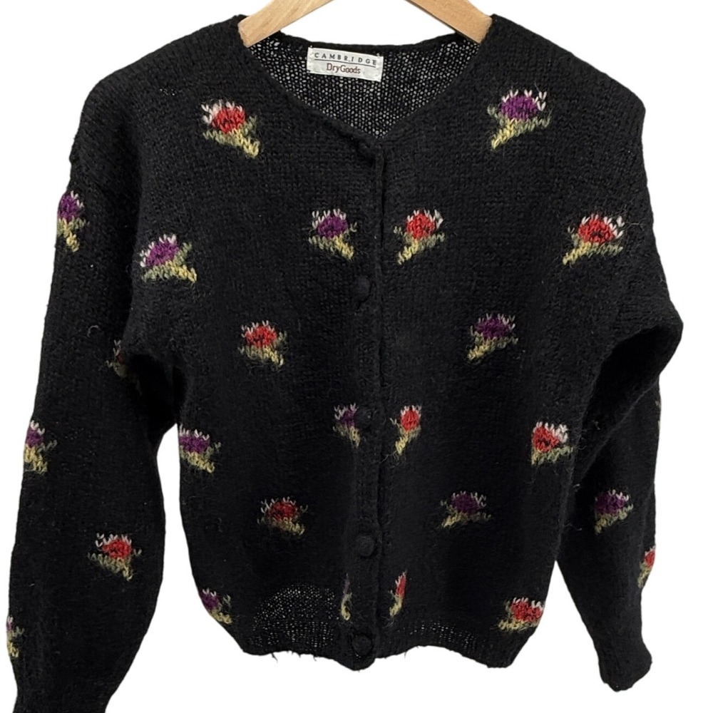 Cambridge Dry Goods Black Floral‎ Knit Button Up Cardigan Sweater Women